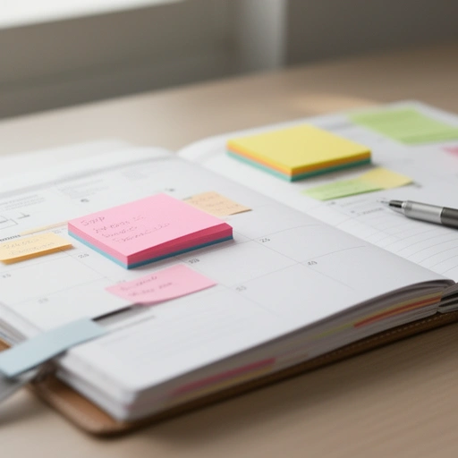 Agenda abierta con notas adhesivas de colores en el escritorio de Agustina