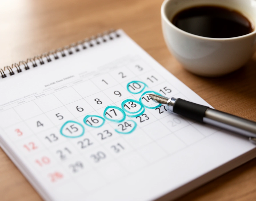 Calendario de escritorio con algunas fechas marcadas con fibra celeste