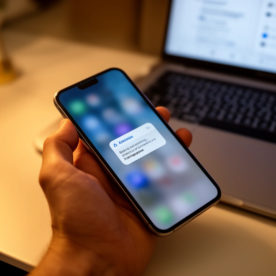 Mano con un celular sobre un escritorio, la pantalla muestra un aviso de transferencia