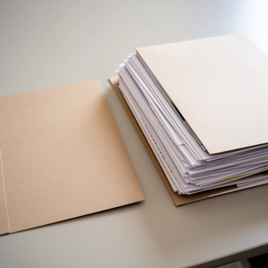 Dos carpetas sobre un escritorio, una finita y otra gruesa llena de papeles