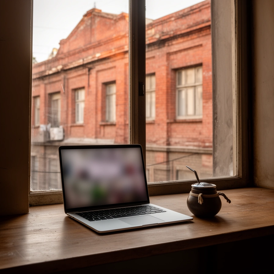 Notebook abierta sobre un escritorio junto a una ventana con fachadas de ladrillo de Barracas
