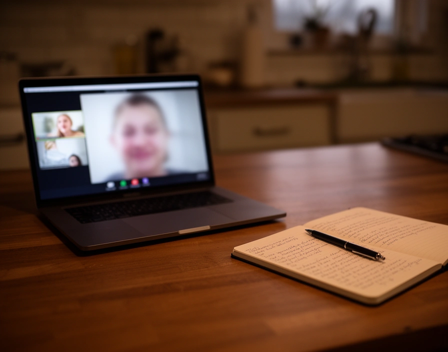 Notebook sobre una mesa con una videollamada borrosa y un cuaderno con notas al lado